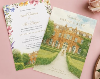 Garden Watercolour Wedding Invitation with Envelopes | YOUR IMAGE - Venue transformed to Watercolour | Sketch Illustration A6