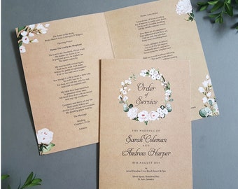 Rustic Blush Floral Order of Service for Weddings | Order of the Day | A4 folded to A5 Wedding Programmes or booklets
