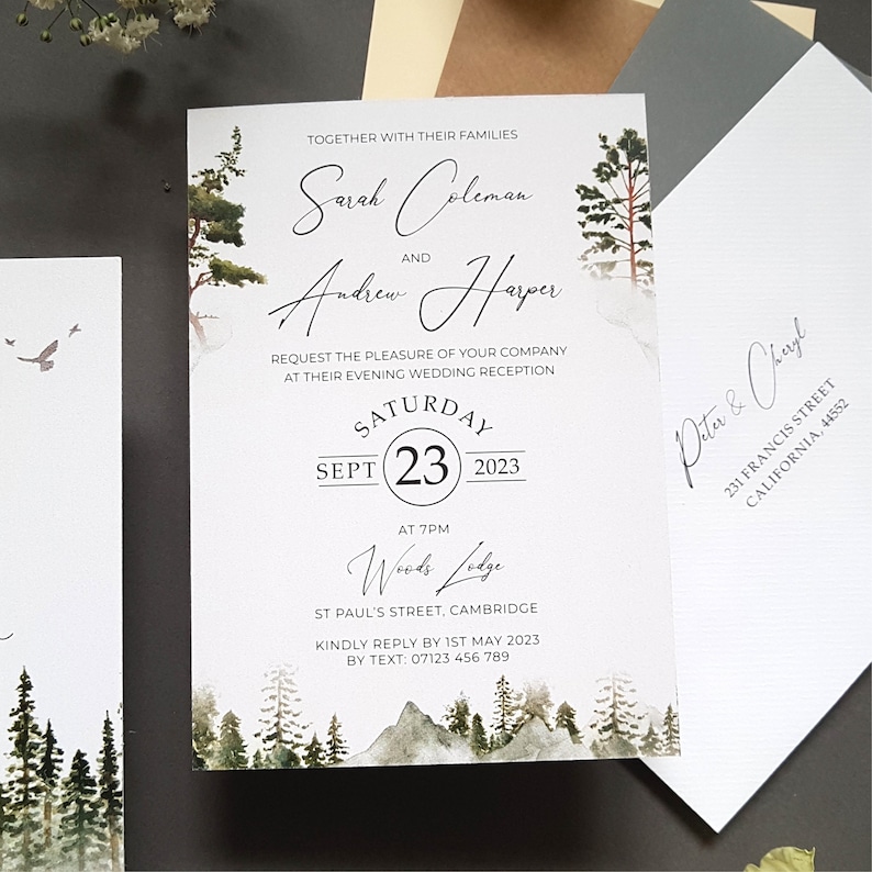 Wedding Invitation Woodland Forest With Pine Trees & Mountains Concertina Trifold Wedding Invite With Tags, Rustic Twine and Envelopes image 6