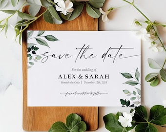 Greenery Save the Date Cards or Save the Evening with Envelopes - Leafy Save the Dates Wedding Announcement