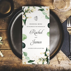 Botanische weiße Blumenhochzeitsmenüs Personalisiert - DL-Größe Menüs - Hochzeit Tischdekoration - Hochzeitsdeko