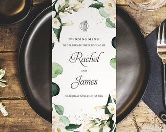 Botanical White Floral Wedding Menus Personalised - DL Size Menus -  Wedding Table Decorations - Wedding Decor
