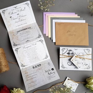 Fairytale Wedding Invitation Set , Concertina Wedding Invites - Rustic Storybook Disney Wedding Invites With Envelopes image 3