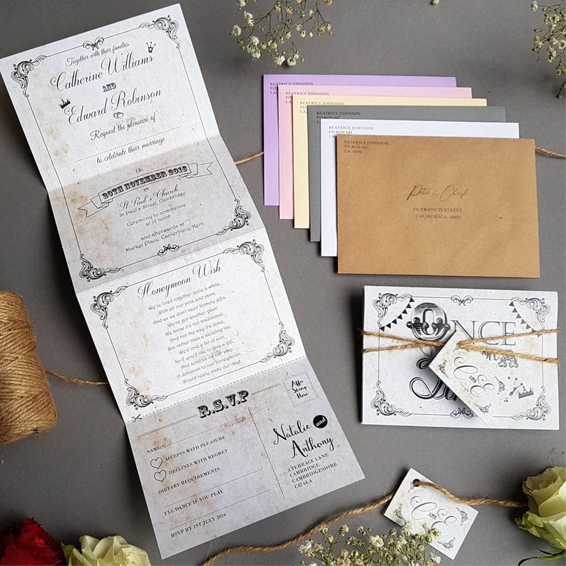 Fairytale Wedding Invitation Set , Concertina Wedding Invites - Rustic Storybook Disney Wedding Invites With Envelopes image 3