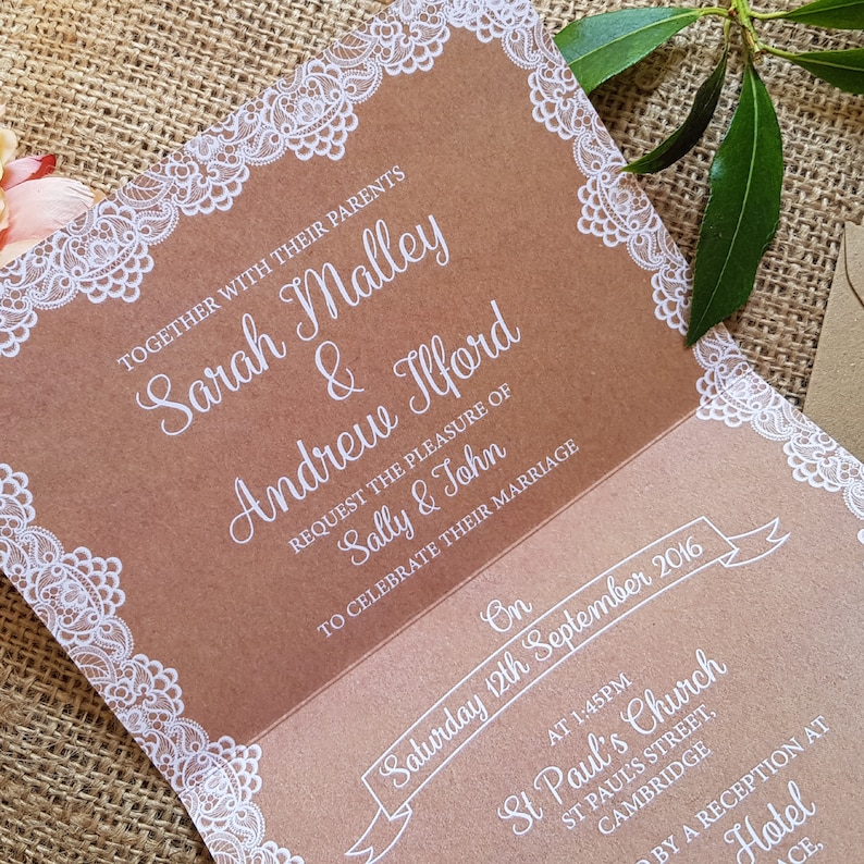 Rustic Wedding Invitation Set Personalised Wedding Invites With Envelopes Lace on Hessian Wedding Invites image 3