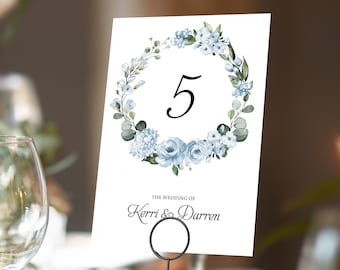 Dusty Cornflower Blue Floral Table Numbers or Table Names | Any Colour Font | A5 double sided cards | Weddings | Dinner or Gala Event