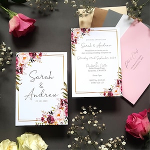 Blush gouden bruiloft uitnodigingsset of avonduitnodiging, receptie nodigt inclusief enveloppen, platte A6 kaart bruiloftsuitnodigingen