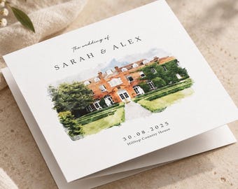 Watercolour Wedding Invitation with Choice of Envelopes |  YOUR IMAGE transformed | Venue Illustration Wedding Invites