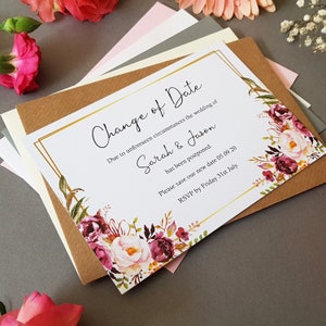 Change of Date Cards, Postponed Wedding Cards With Envelopes, Wedding Date Changed Cards - Save the Date Cards