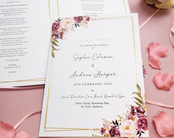 Blush Gold Order of Service for Weddings | Order of the Day | A4 folded to A5 Wedding Programmes or booklets