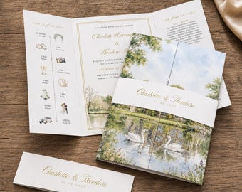 Custom Watercolour Wedding Invitation with YOUR IMAGE of venue, Gatefold with Belly Band & Envelopes