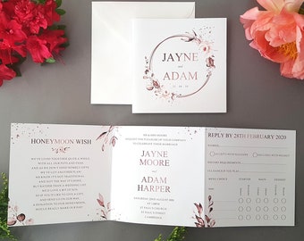 Rose Gold Wedding Invitation Set  - Trifold Luxury Wedding Invites - Custom Colours Available Including Gold & Silver