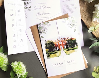 Wedding Invitation Watercolour Venue Illustration | Gatefold Invite with Envelopes