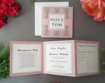 Glitz & Glam Pink Wedding Invitation Set  - Trifold Luxury Wedding Invites With Envelopes - Optional Menu Choices on RSVP