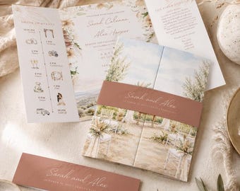 Boho Wedding Invitations, Watercolour Venue Gatefold style with Belly Bands Invitation Suite