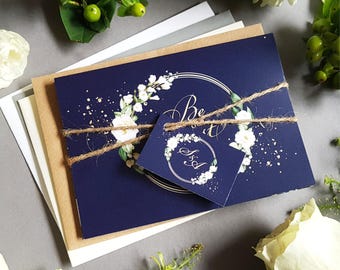 Fairy Tale Wedding Invitation Set  -  Disney Be Our Guest Concertina Trifold In Blue, White & Gold - With Tag, Rustic Twine + Envelopes