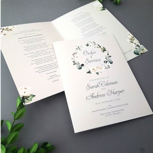 May include: A wedding ceremony order of service featuring a floral wreath design. The text reads "Order of Service" and "The Wedding of Sarah Coleman and Andrew Harper". The wedding is scheduled for 8th February 2020 at Jewel Paradise Cove Beach Resort & Spa in Runaway Bay, Jamaica.