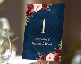 Blue & Burgundy Table numbers or Table Names | Any Colour Font | A5 double sided cards | Weddings | Dinner or Gala Event
