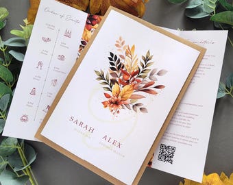 Autumn Wedding Invitations with FREE envelopes | Burgundy Orange Foliage Fall Gatefold Wedding Invites Set
