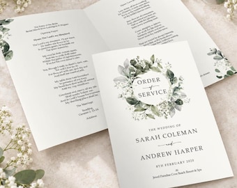 Baby Breath Wedding Order of Service with Greenery | A5 Program Booklet