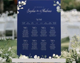 Navy White Floral Wedding Seating Chart, A1, A2 Personalised Wedding Table Plan, Wedding Decor, Wedding Gift, Table Planner, Seating Sign