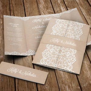 Rustic Lace Wedding Invitation Set with Envelopes + Bellyband - Vintage Gatefold Wedding Invites - Luxury Wedding Invites - Any Colour