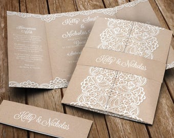 Rustic Lace Wedding Invitation Set with Envelopes + Bellyband - Vintage Gatefold Wedding Invites - Luxury Wedding Invites - Any Colour
