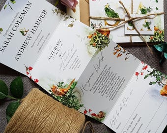 Woodland Forest Wedding Invitation Set -  Concertina Trifold Wedding Invites - Woodland Trees