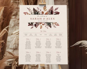 Burgundy Wedding Seating Chart, A1, A2 Personalised Wedding Table Plan, Autumn Wedding Decor, Wedding Gift, Table Planner, Seating Chart