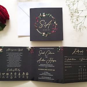 Winter trifold wedding invitations include menu, menu choices, gift wish, rsvp and other finer details.