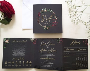 Winter Wedding Invitation Set  with Choice of Envelopes -  Trifold Luxury Wedding Invites - Christmas Wedding with Holly and Berries