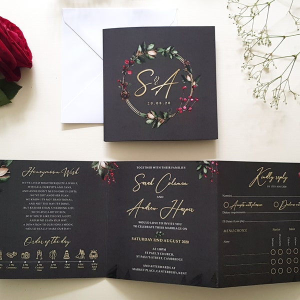 Winter Wedding Invitation Set  with Choice of Envelopes -  Trifold Luxury Wedding Invites - Christmas Wedding with Holly and Berries