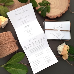 Minimalistisches Hochzeitseinladungs-Set in jeder Farbe - Einfache Ziehharmonika-Trifold-Luxus-Hochzeit lädt mit Umschlägen ein
