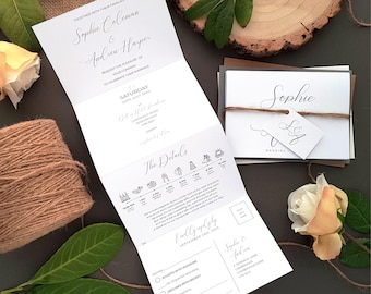 Minimalist Wedding Invitation Set in Any Colour - Simple Concertina Trifold Luxury Wedding Invites with Envelopes