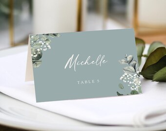 Baby's Breath Wedding Place Cards |  Guest Name Printing Included + Menu Choices | Wedding Place Settings | Green Name Place Cards