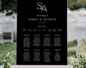 Black Monogram Table Plan, Wedding Seating Chart, A1 or A2, Wedding Sign, Grey & Gold