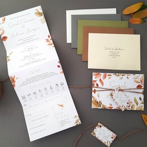 Autumn Fall Wedding Invitation Set - Eucalyptus Luxury Concertina Trifold Wedding Invites With Personalised Tag, Rustic Twine & Envelopes