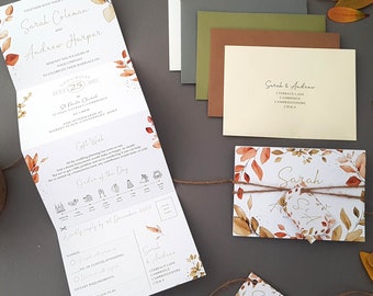 Autumn Fall Wedding Invitation Set - Eucalyptus Luxury Concertina Trifold Wedding Invites With Personalised Tag, Rustic Twine & Envelopes