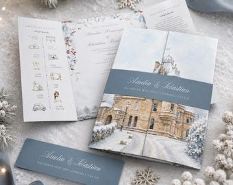 Winter Wedding Invitation | Dusty Blue Snowy Castle Gatefold Invitation | Elegant Christmas Reception Invite Suite