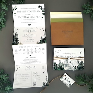 Forest Wedding Invitation Set - Woodland Pine Trees Concertina Trifold Luxury Wedding Invites With Tags, Rustic Twine & Envelopes