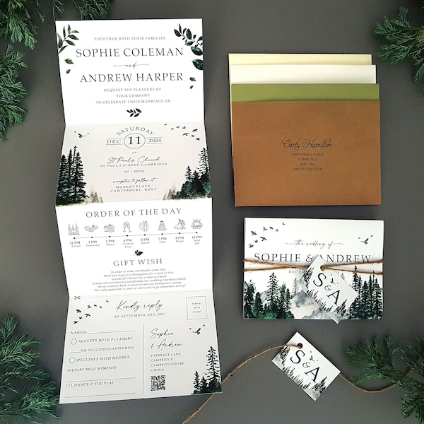 Forest Wedding Invitation Set - Woodland Pine Trees Concertina Trifold Luxury Wedding Invites With Tags, Rustic Twine & Envelopes