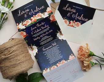 Peach Wedding Invitation Set, Concertina Trifold Wedding Invites Or Evening Invites With Envelopes,  RSVP & Guest Info - Any Colour