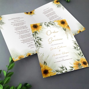 Sunflowers Order of Service for Weddings | Order of the Day | A4 folded to A5 Wedding Program - Destination Italy, Greece
