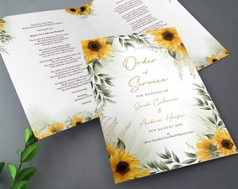 Sunflowers Order of Service for Weddings | Order of the Day | A4 folded to A5 Wedding Program - Destination Italy, Greece