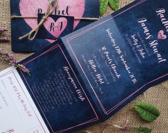 Heart Wedding Invitation Set In Any Colour - Pink Navy Concertina Trifold Wedding Invites With Tags, Twine & Envelopes