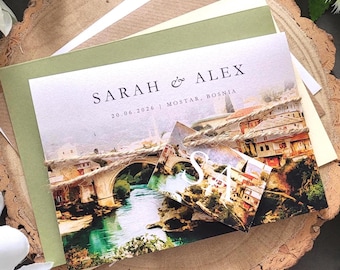 Watercolour Wedding Invitations with FREE envelopes, YOUR IMAGE Wedding Venue, Sketch Illustration Painting Concertina Wedding Invites
