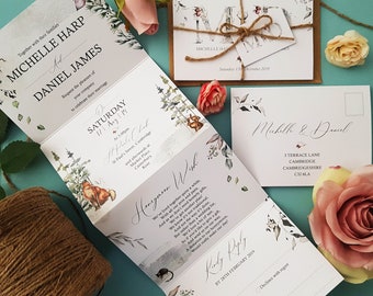 Ensemble d'invitations de mariage d'hiver - Invitations de mariage à trois volets en accordéon avec étiquettes, ficelle et enveloppes rustiques