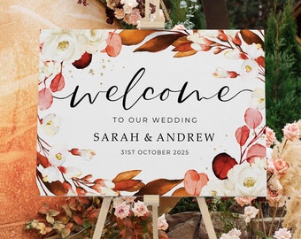 Autumn White Floral Wedding Welcome Sign, A1, A2 Personalised Wedding Signs, Wedding Decor, Wedding Gift, Welcome Wedding Board