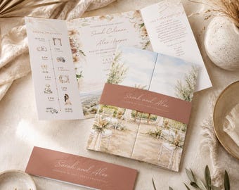 Boho Wedding Invitation, Watercolour Venue Gatefold style with Belly Bands Invitation Suite