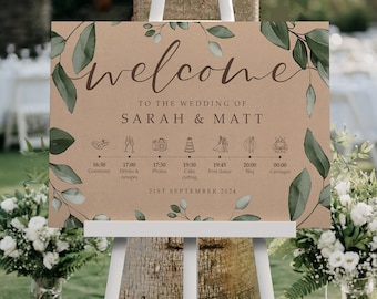 Eucalyptus Rustic Order of the Day Wedding Welcome Sign, A1, A2 Personalised Wedding Signs, Welcome Wedding Board